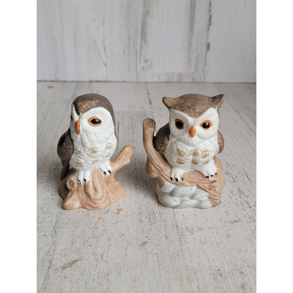Vintage porcelain mini brown owl set‎ figure Xmas branch woods decor